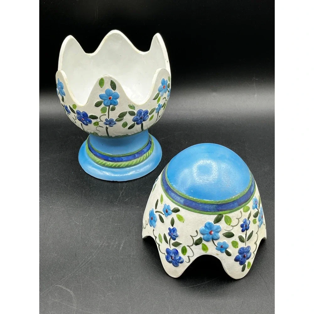 Vtg Hand Painted Ceramic Floral Pedestal Egg Small Taper Candle Holder Blue  8